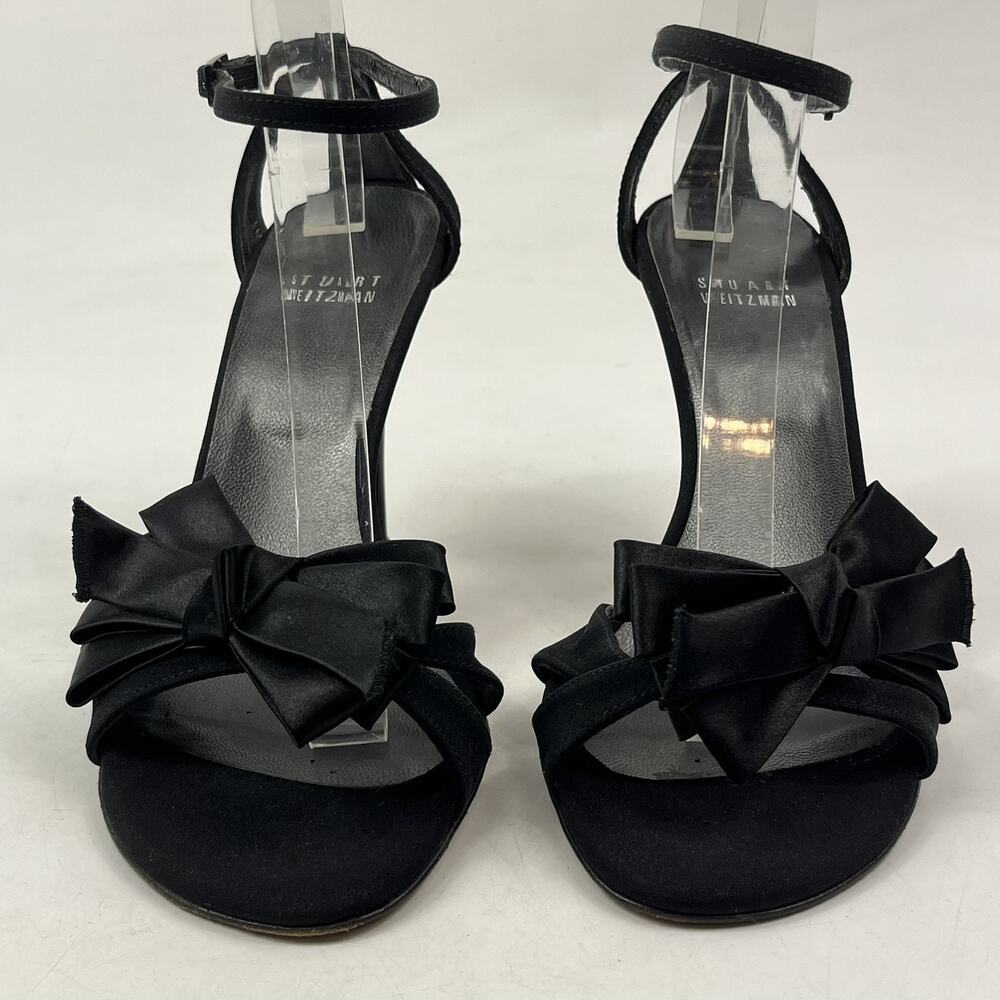 Stuart Weitzman Womens Heels Sandals Sz8 N Black Satin Bow Stiletto Party Shoe - Picture 2 of 15